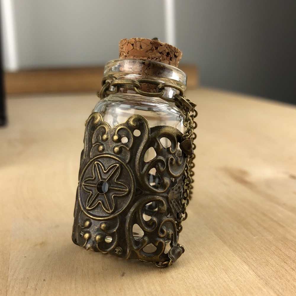 Hand crafted bottle pendant necklace, Antique Bronze, 30”, come with a box